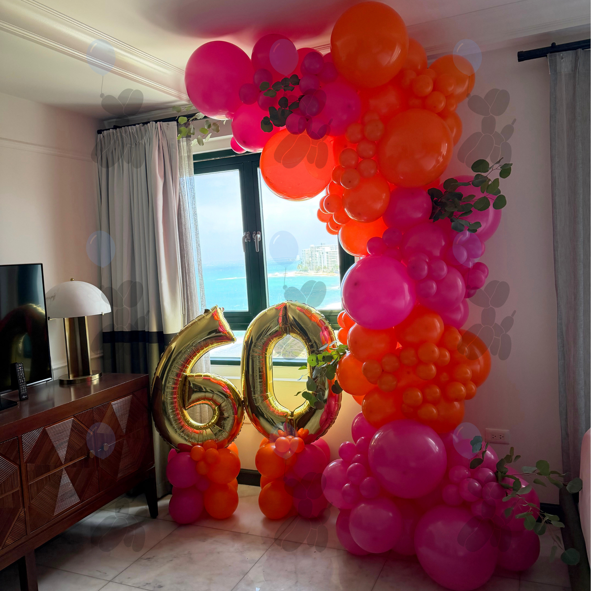 Pink & Orange 60th Room Balloon Decor