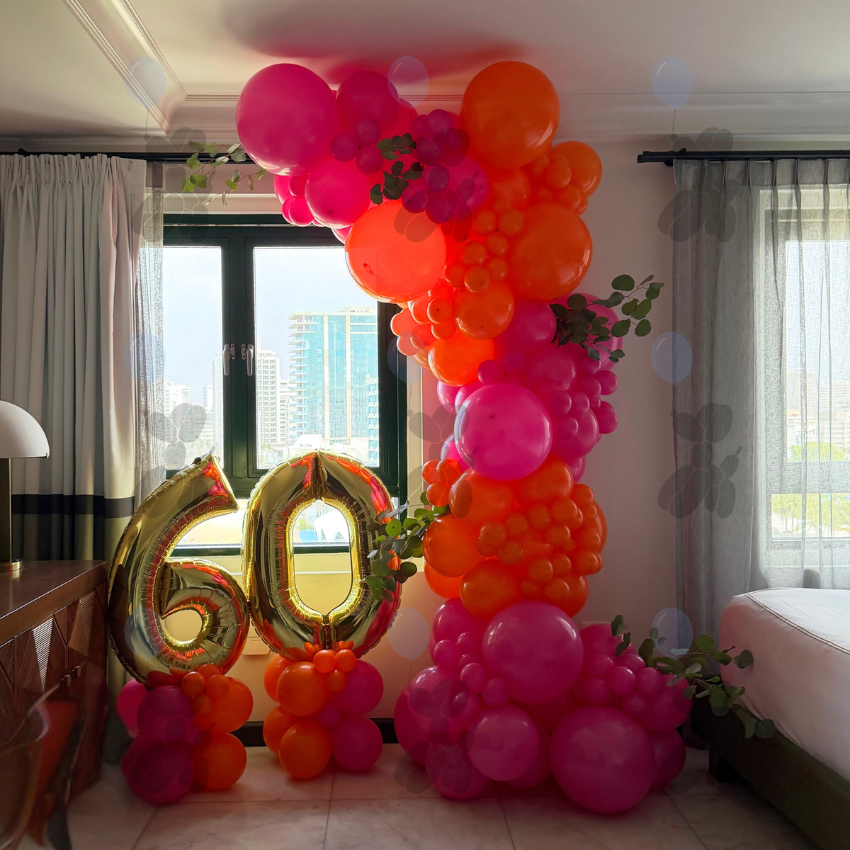 Pink & Orange 60th Room Balloon Decor