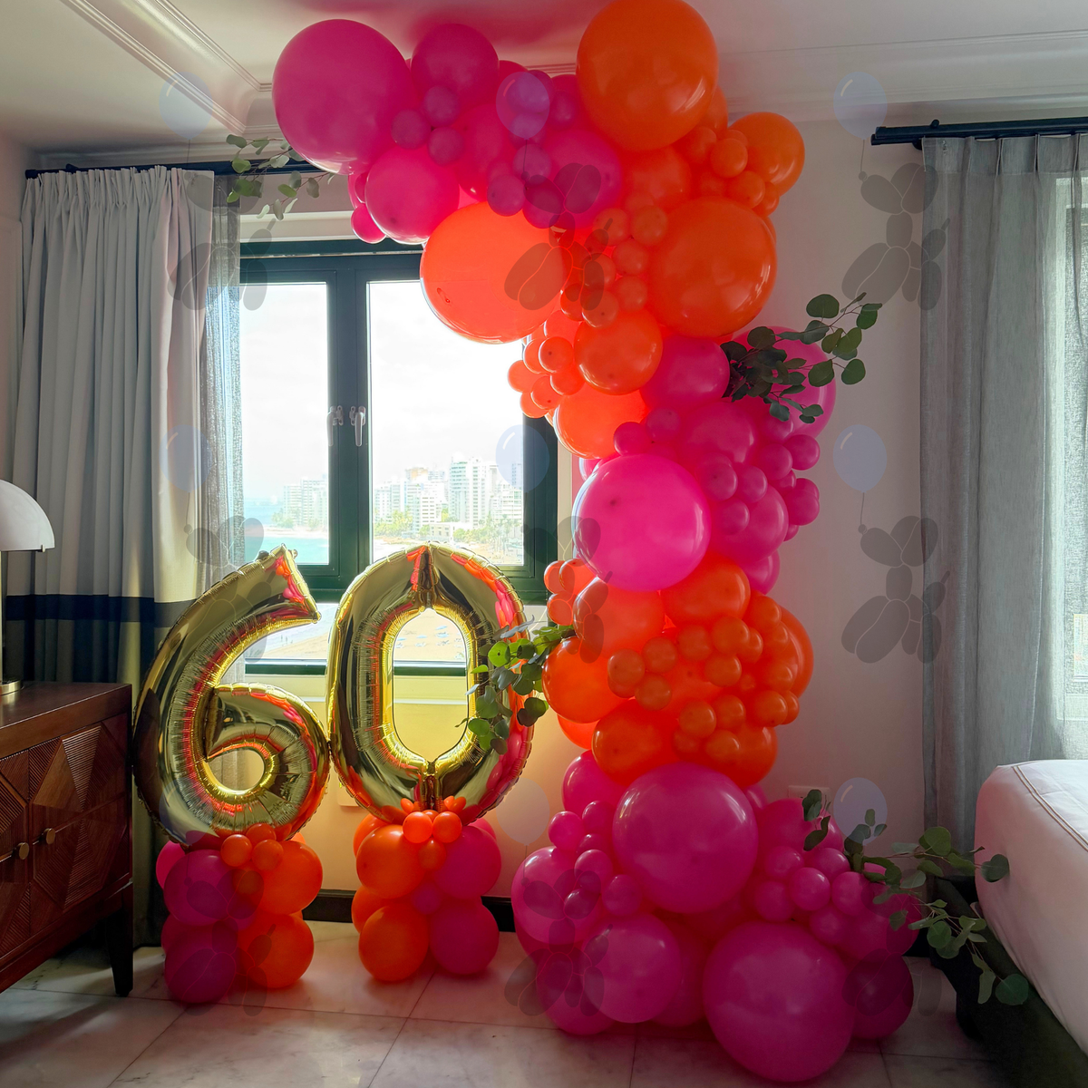 Pink & Orange 60th Room Balloon Decor